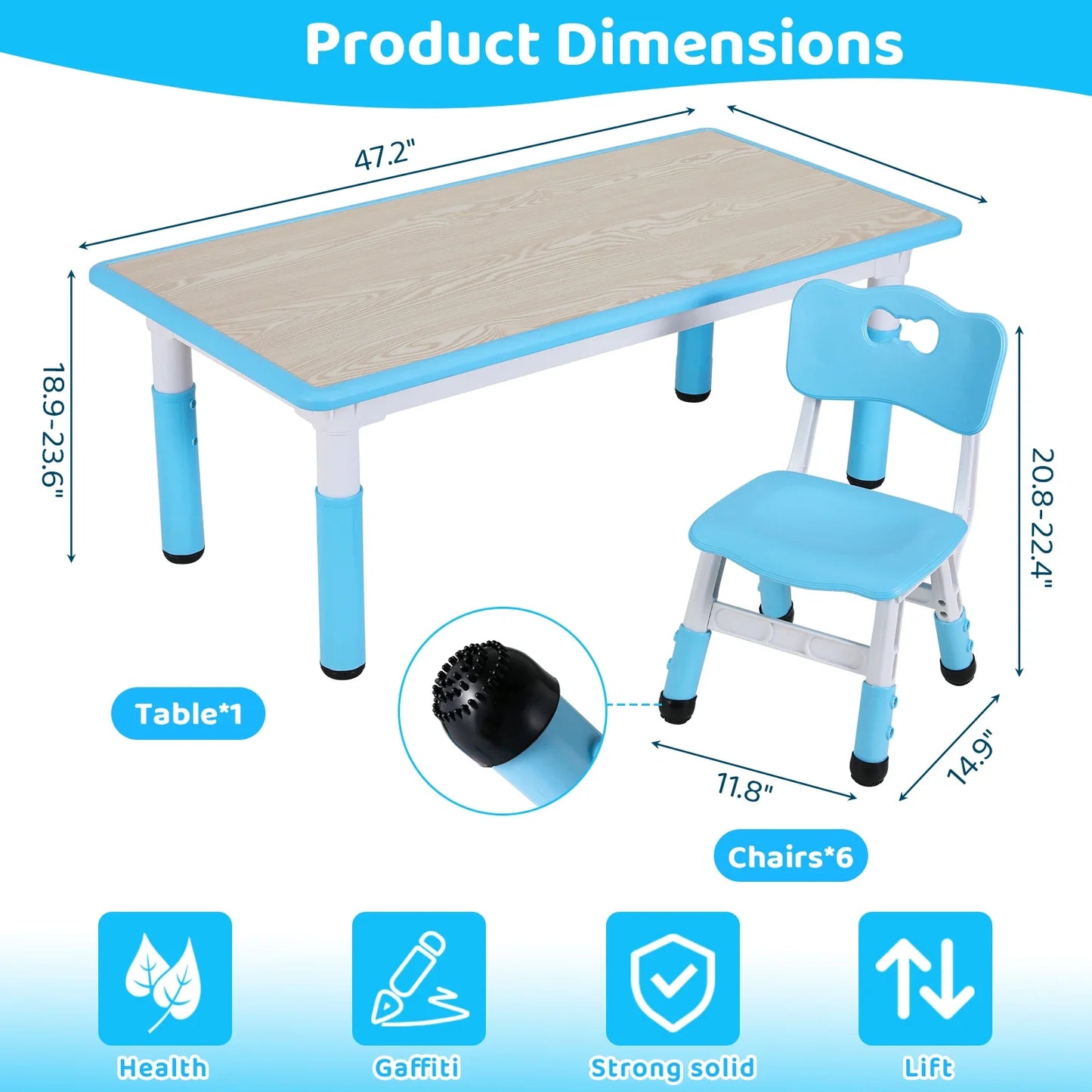 AuAg Kids Table 6 Chairs Set Height Adjustable Arts Desk
