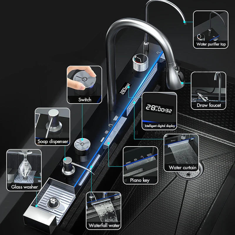 MYQualife 304 Stainless Steel Waterfall Kitchen Sink Digital Display Faucet