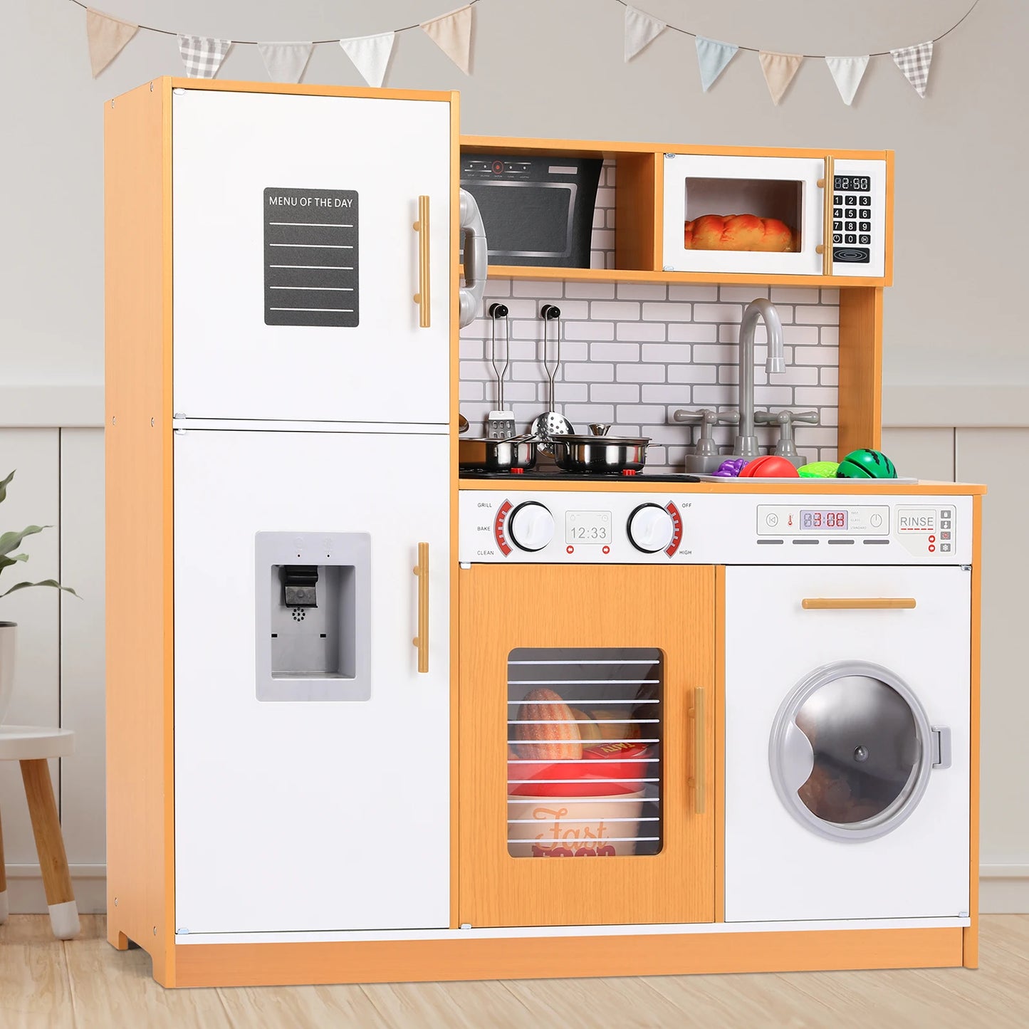 Wooden Kitchen Pretend Playset For Kids With Cookware