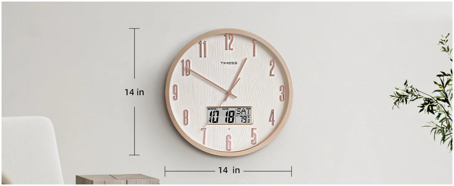 TIMESS Luminous Voice-activated Wall Clock, 14-inch Night Light Analog, Silent Battery Powered, Perpetual Calendar, Decorative