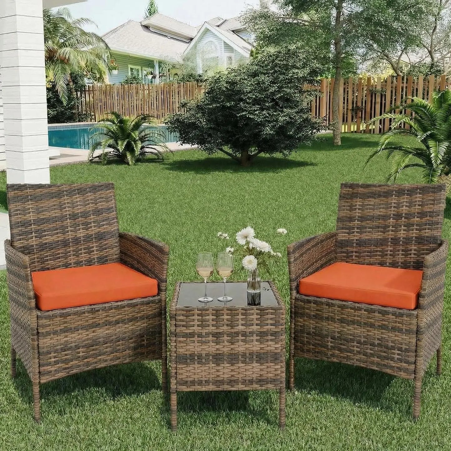 3-Piece Wicker Patio Sofa Set, All-Weather Rattan Conversation Set With Cushions & Glass Coffee Table For Garden, Porch, Lawn