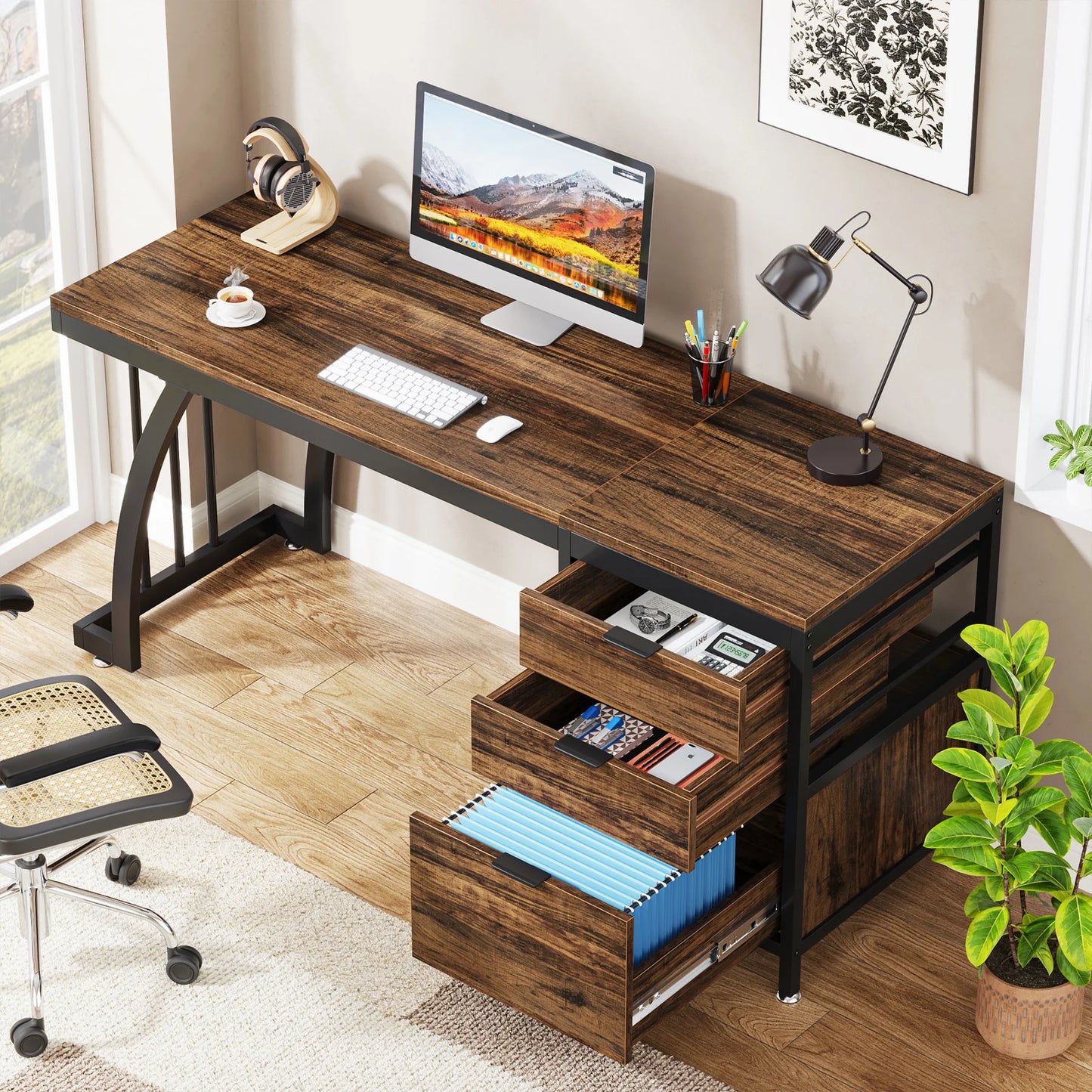 Tribesigns Industrial Computer Desk With 3 Drawers And Reversible Setup