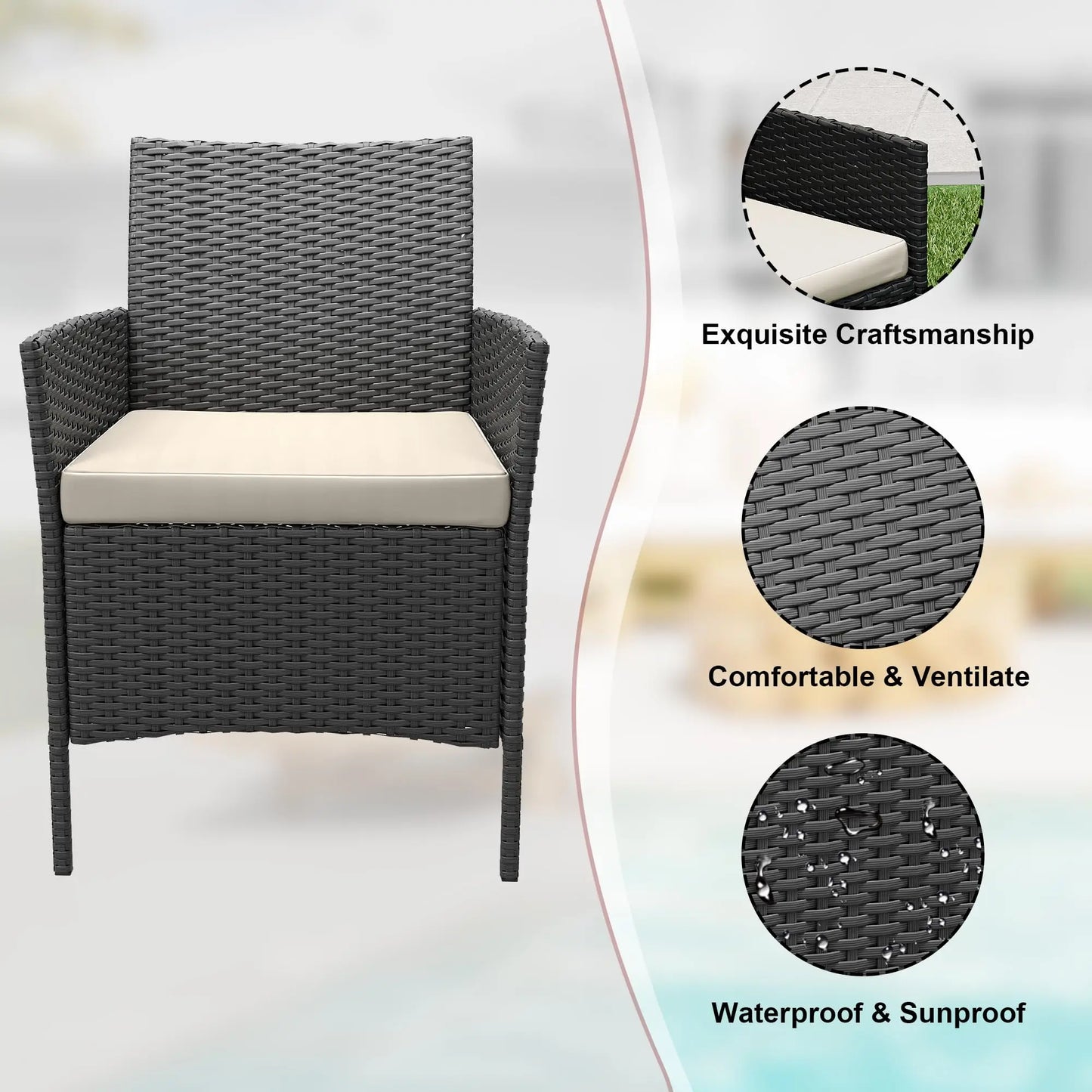 3-Piece Wicker Patio Sofa Set, All-Weather Rattan Conversation Set With Cushions & Glass Coffee Table For Garden, Porch, Lawn