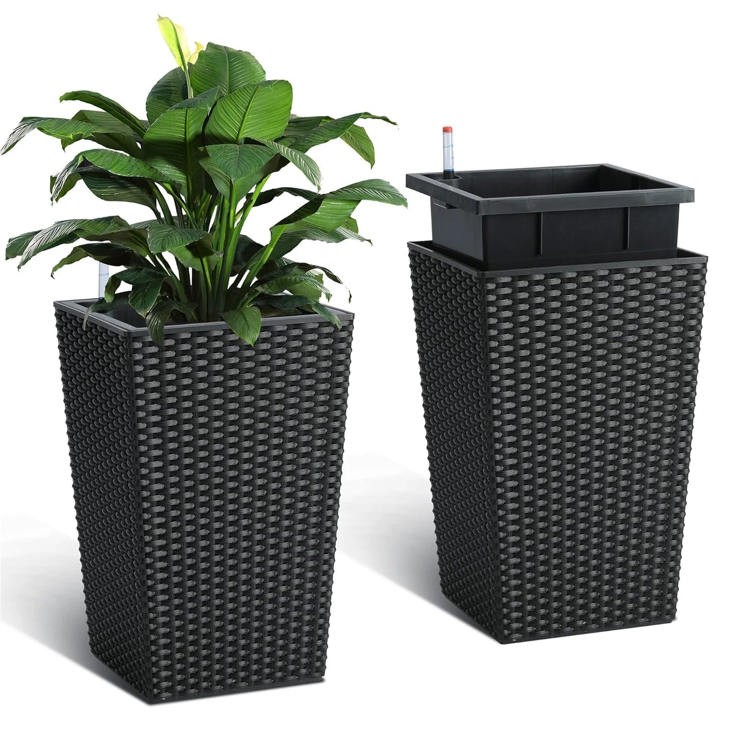16inch/22.5inch Tall Rattan Planter Set of 2 Outdoor and Indoor Plant Pots with Water Level Monitor & Wheels, Large Flower Pot