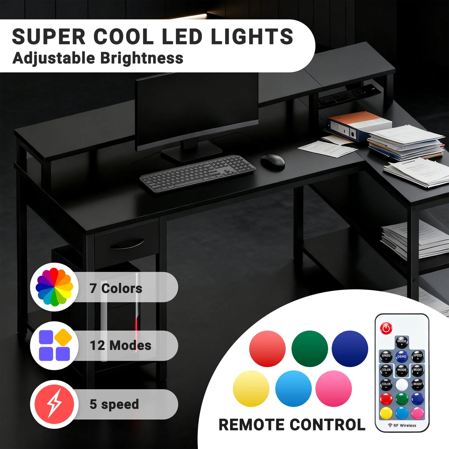 JHK L Shaped Gaming Desk With USB And LED Lighting