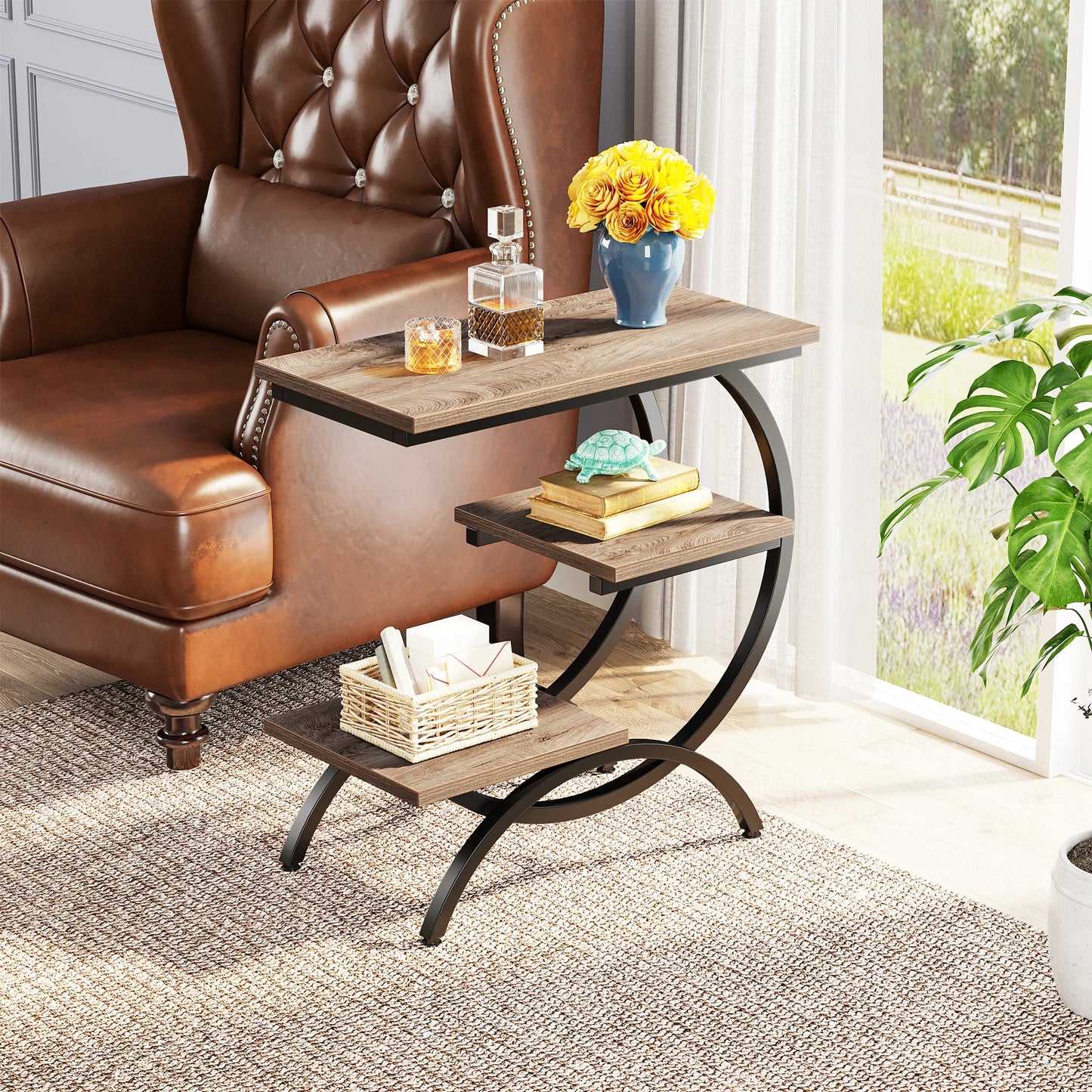 Tribesigns Industrial 3 Tier C Shaped End Table with Storage