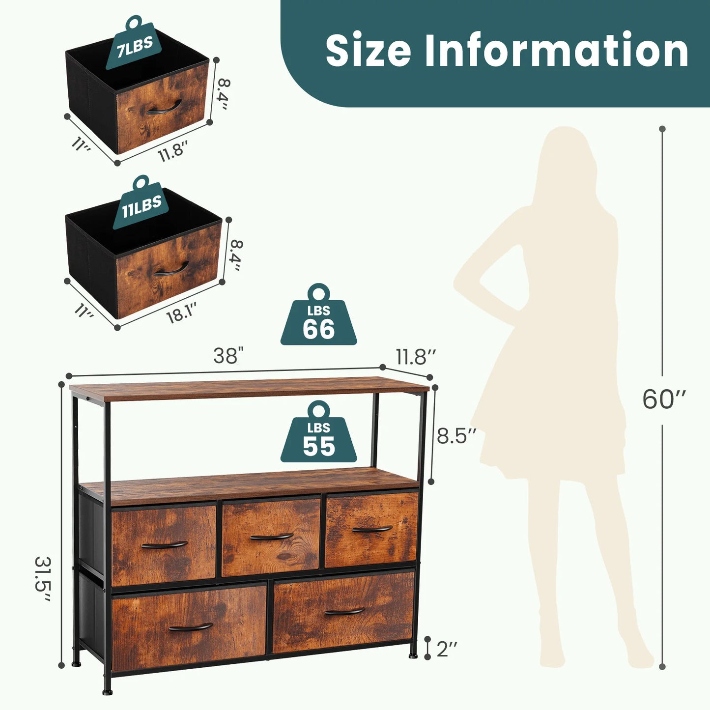 JHK Fireplace TV Stand Dresser For Bedroom With 5 Fabric Drawers Storage Closet Chest Clothes Storage Display Cabinet Furniture
