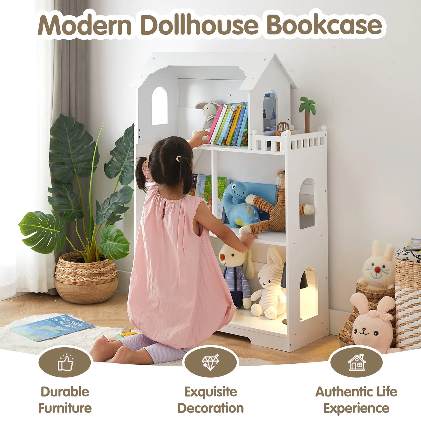 Wooden Dollhouse Bookshelf 3 Tier Toy Storage Organizer For Kids
