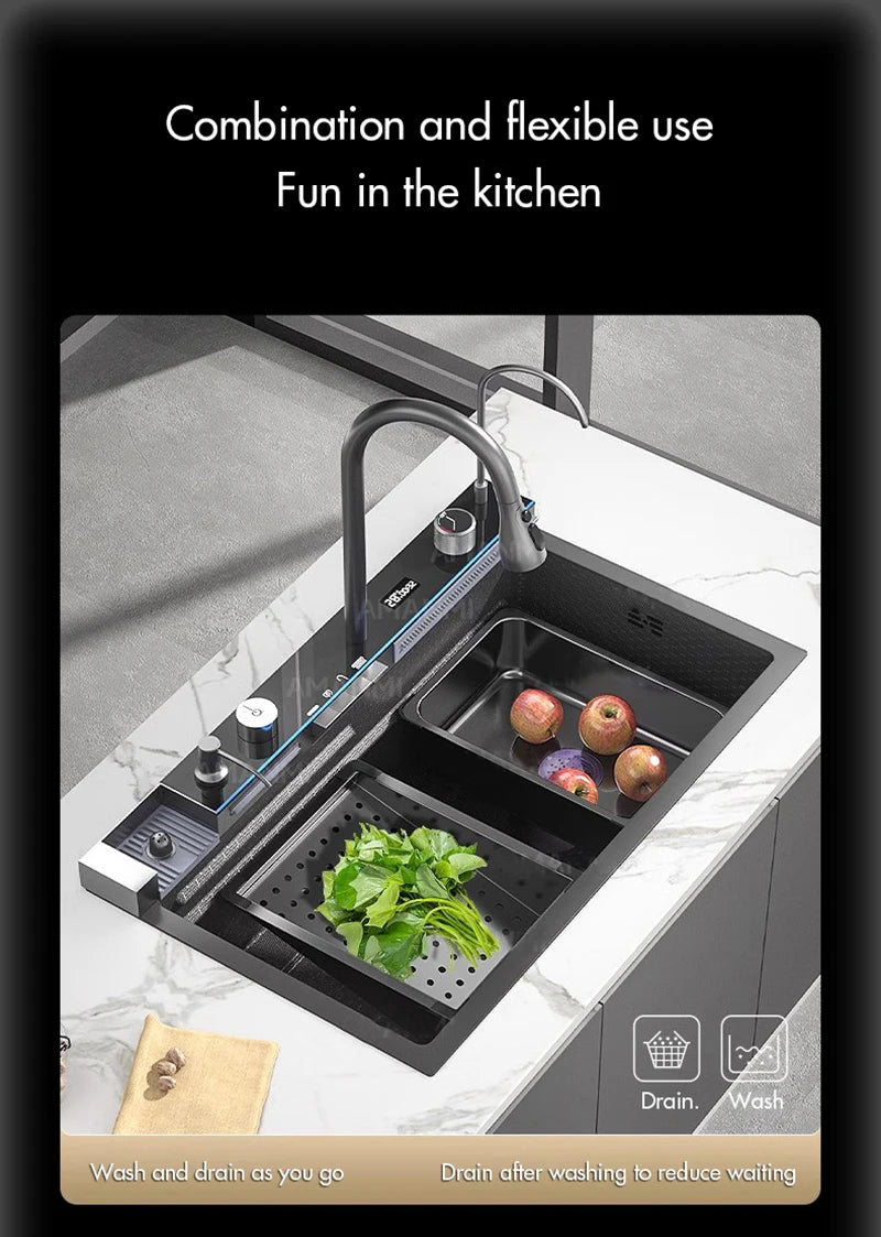MYQualife 304 Stainless Steel Waterfall Kitchen Sink Digital Display Faucet