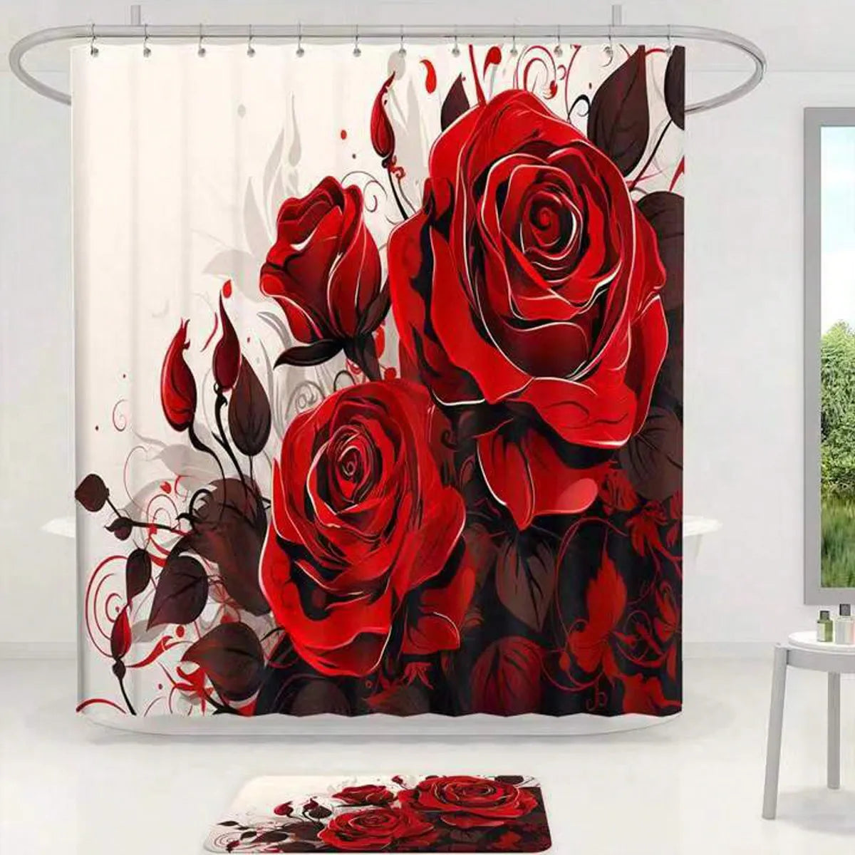 Rose Pattern Shower Curtain Set 3 Piece With Hooks Mat