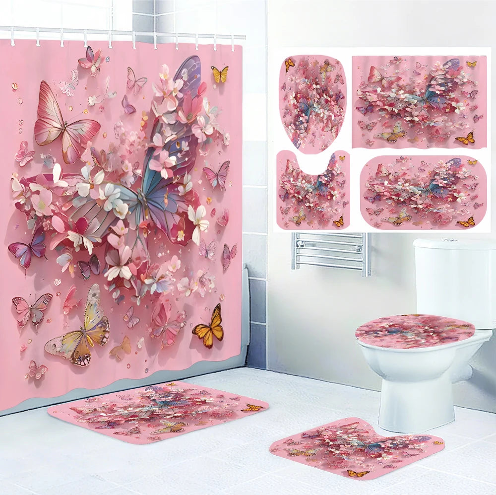 Butterfly Themed Four Piece Waterproof Bathroom Set Shower Curtain
