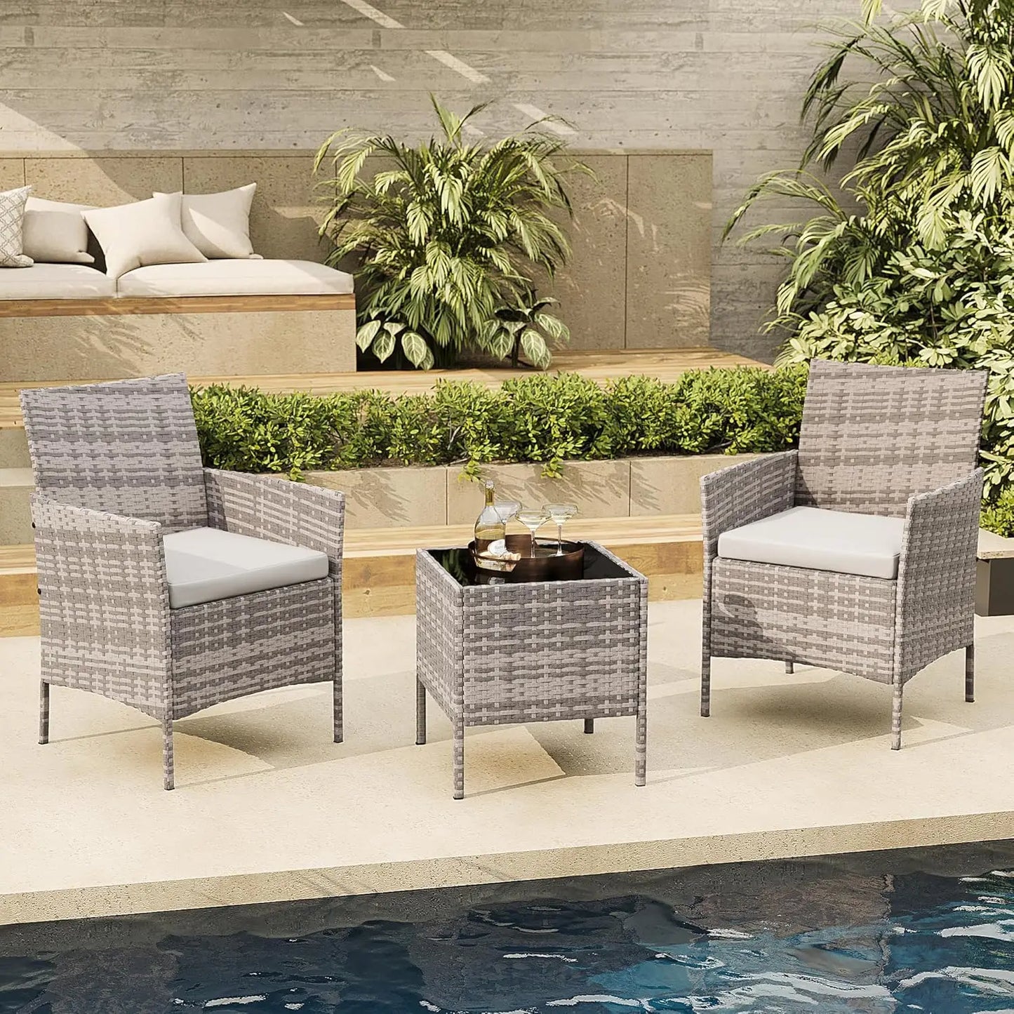 3-Piece Wicker Patio Sofa Set, All-Weather Rattan Conversation Set With Cushions & Glass Coffee Table For Garden, Porch, Lawn