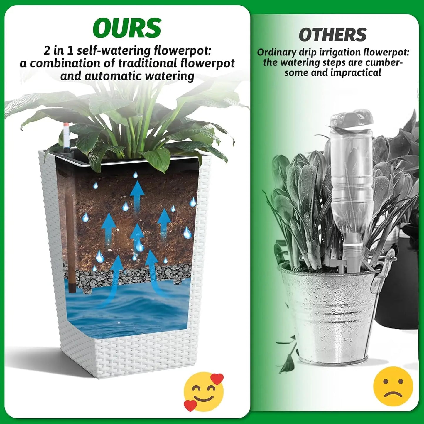 16inch/22.5inch Tall Rattan Planter Set of 2 Outdoor and Indoor Plant Pots with Water Level Monitor & Wheels, Large Flower Pot