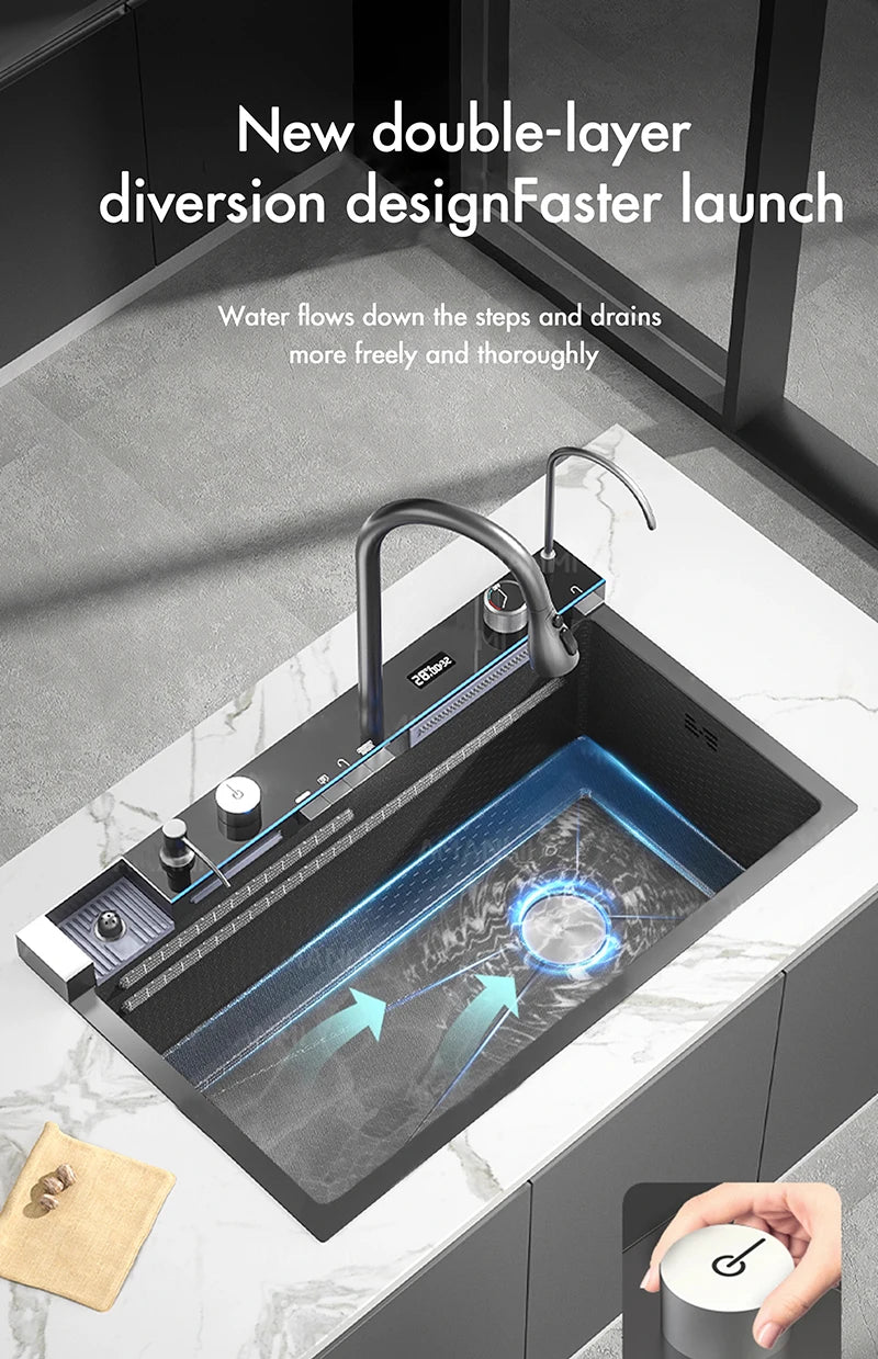 MYQualife 304 Stainless Steel Waterfall Kitchen Sink Digital Display Faucet