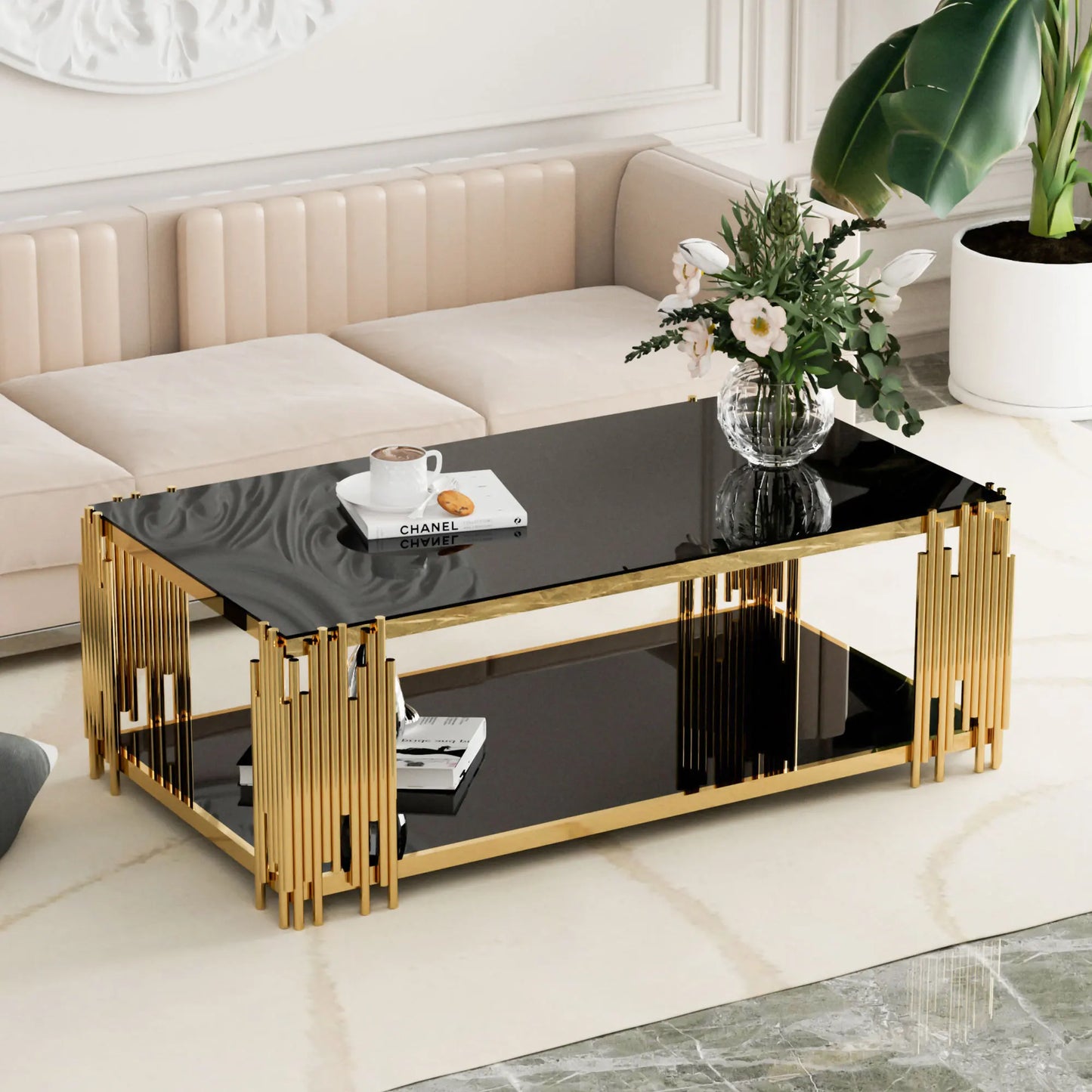 Stainless Steel Rectangle Glass Coffee Table Living Room Gold Leg