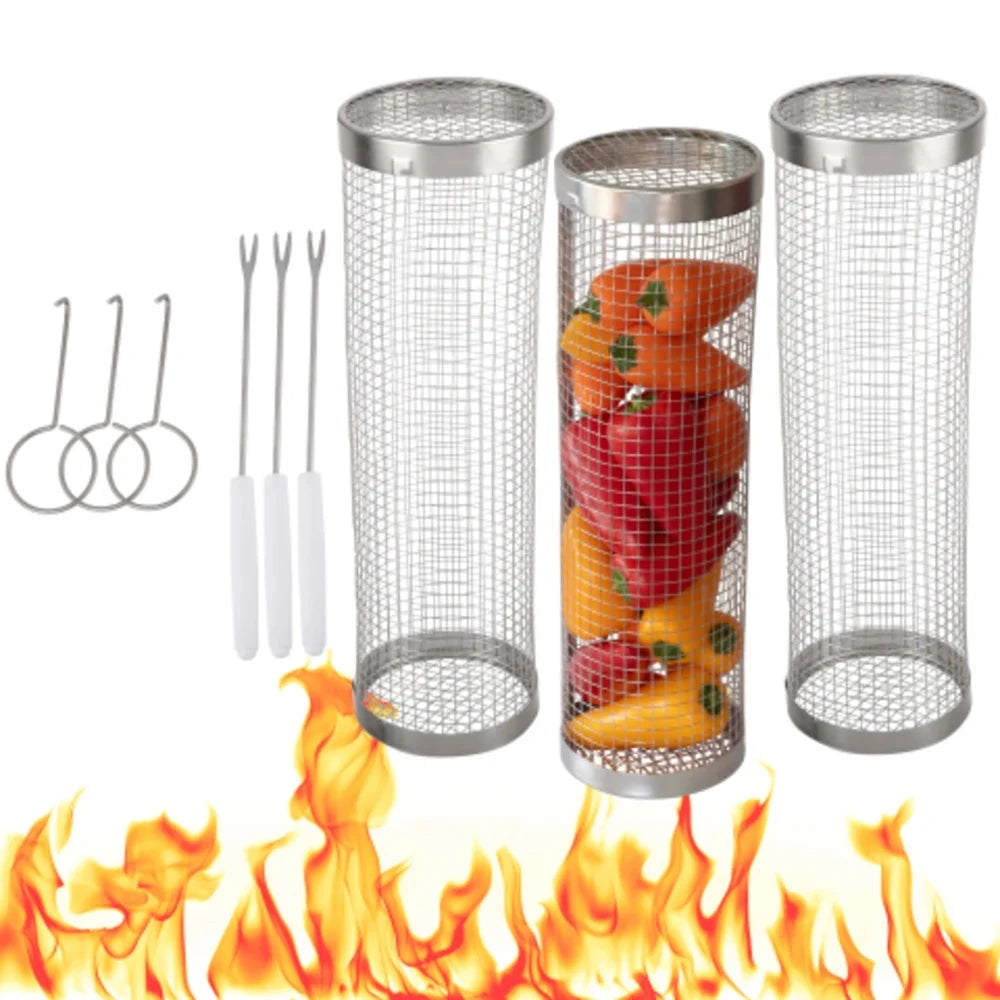 Feature Stainless Steel Rolling Grill Baskets With Hooks And Forks