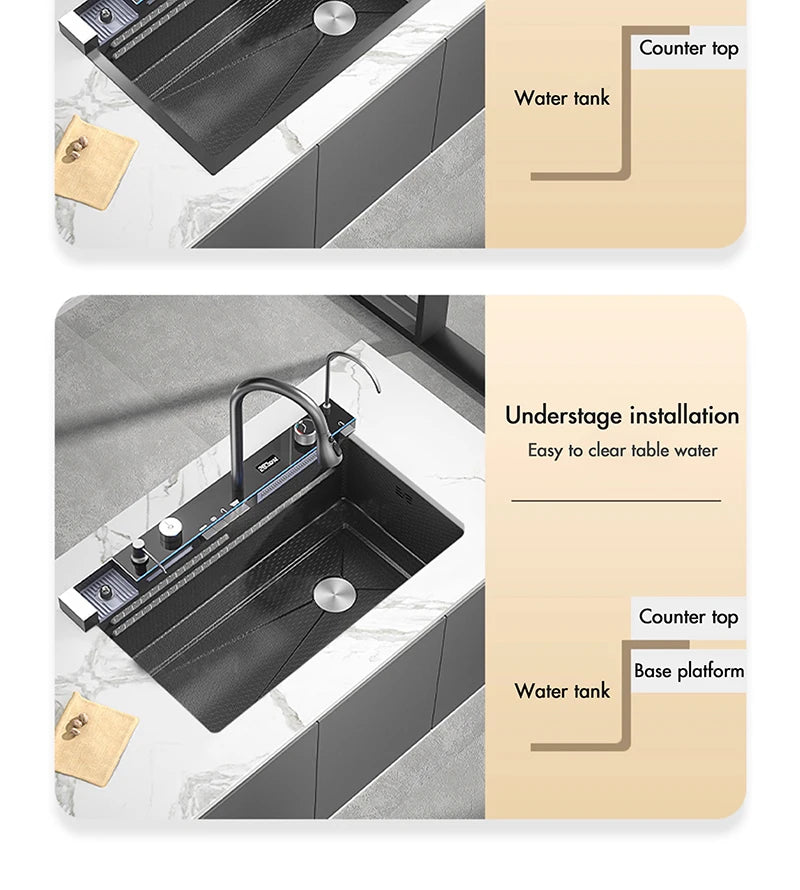 MYQualife 304 Stainless Steel Waterfall Kitchen Sink Digital Display Faucet