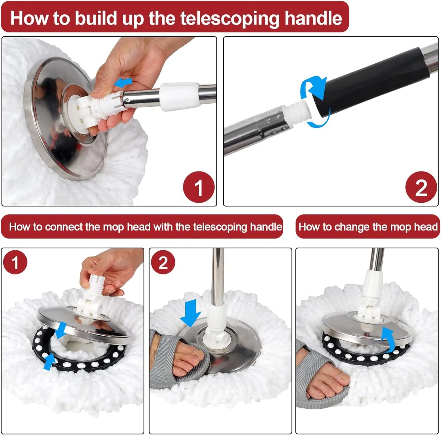 NONECN 360 Spin Mop Bucket Set With Wring Microfiber Heads