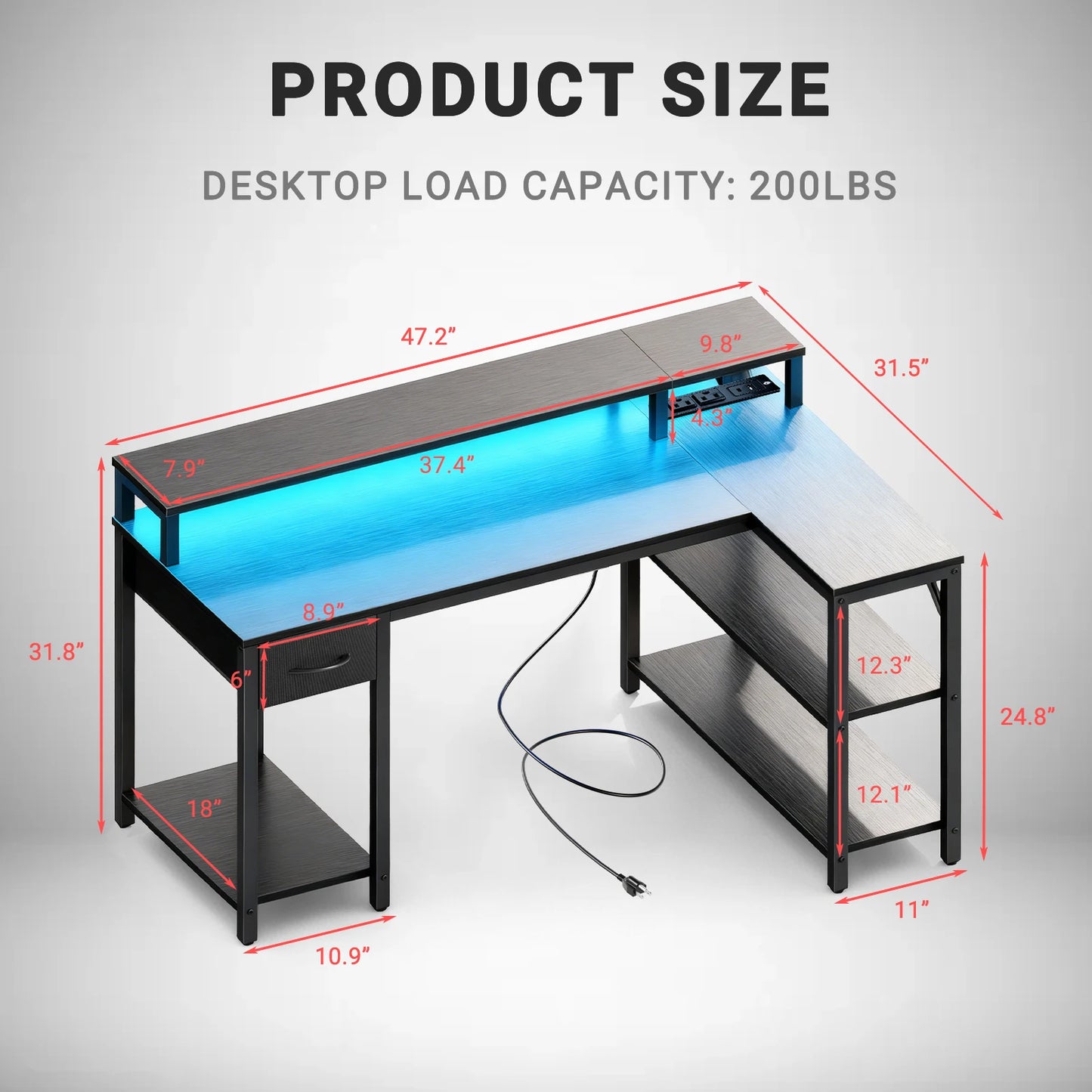 JHK L Shaped Gaming Desk With USB And LED Lighting