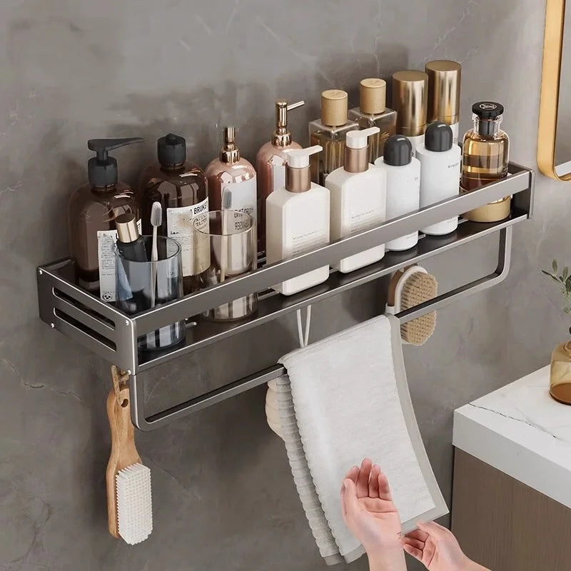 Aluminum Shower Corner Shelf Without Drilling Towel Bar Shampoo Holder