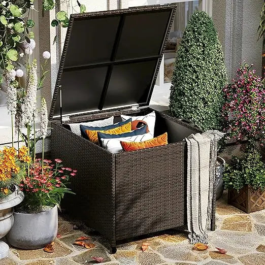Outdoor Patio Deck Box Storage Wicker Rattan With Lid Weatherproof