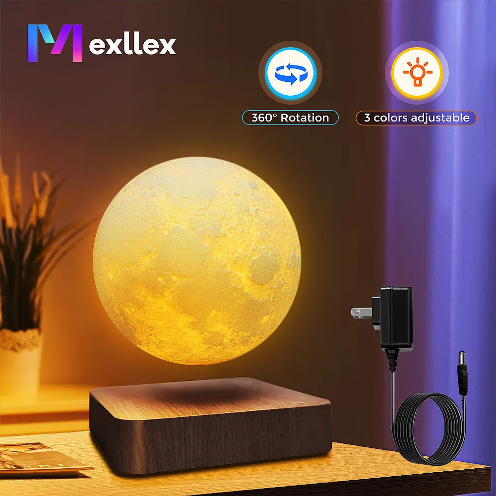 Mexllex Magnetic Floating Moon Lamp Wooden Base And 3 LEDs
