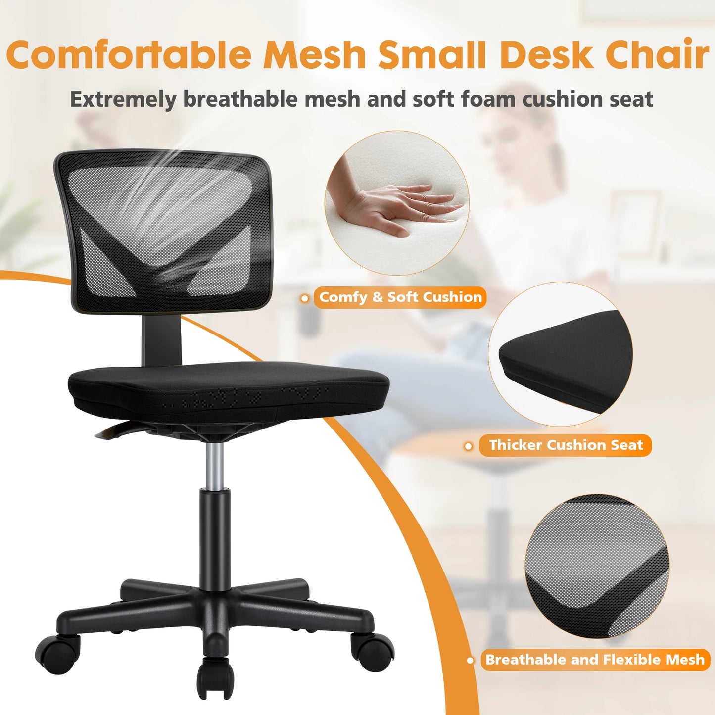 JHK Mesh Lumbar Support Armless Office Chair With Adjustable Height
