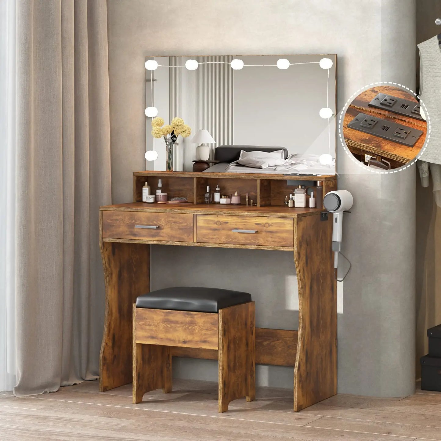 Vabches Vanity Desk With Lights Mirror And Power Outlet 2Drawer