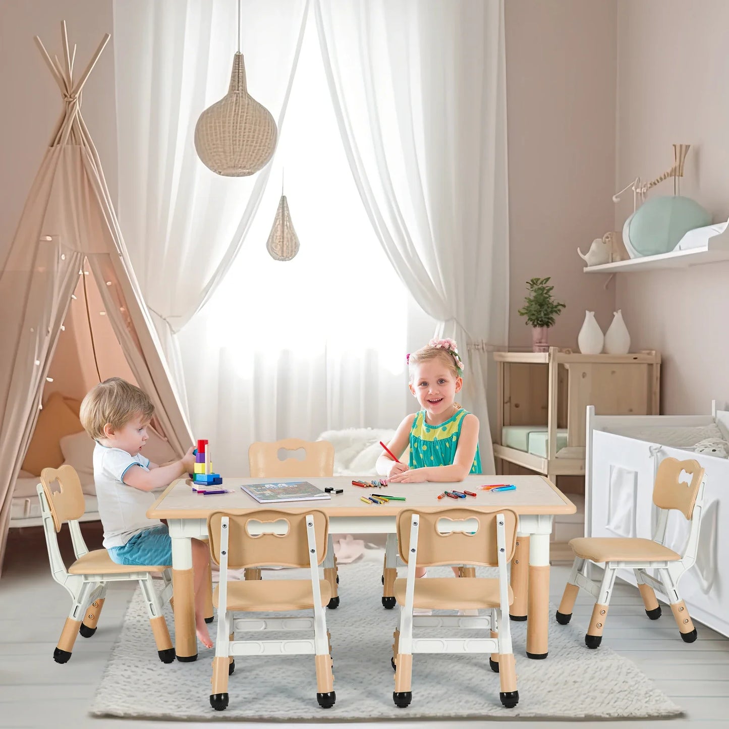 AuAg Kids Table 6 Chairs Set Height Adjustable Arts Desk