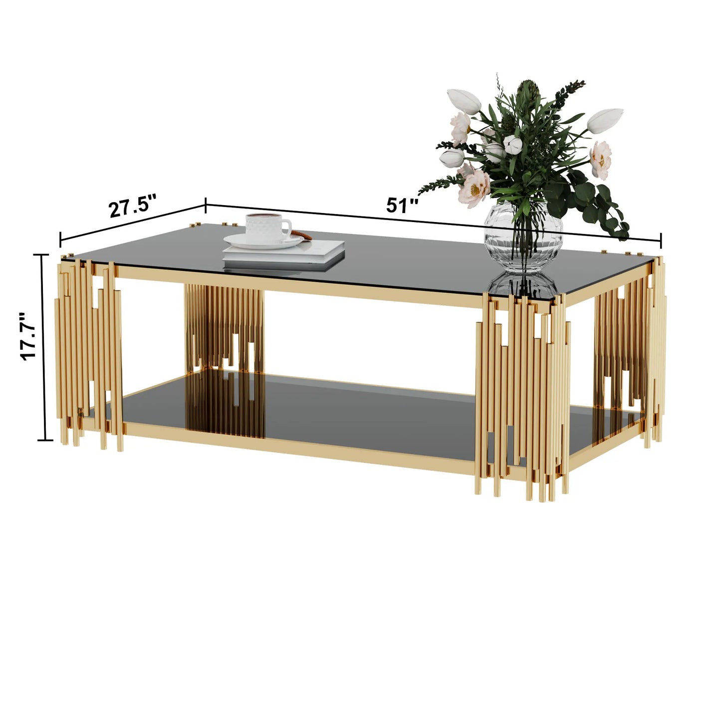 Stainless Steel Rectangle Glass Coffee Table Living Room Gold Leg