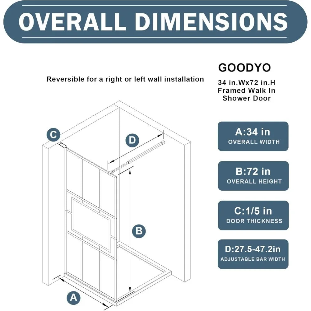 XMSJ Glass Shower Door With Fixed Framed Tempered Glass