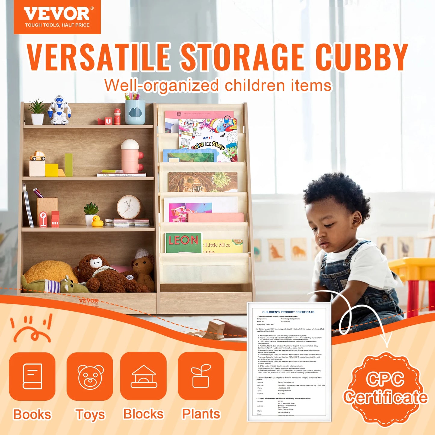 SucceBuy 4-Tier Kids Wooden Bookshelf Storage Book Rack