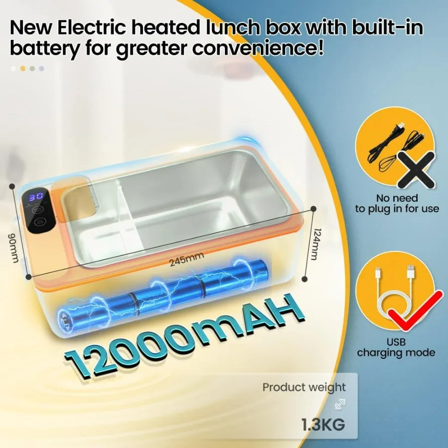 Cordless Electric Heated Lunch Box Battery Powered With Tableware