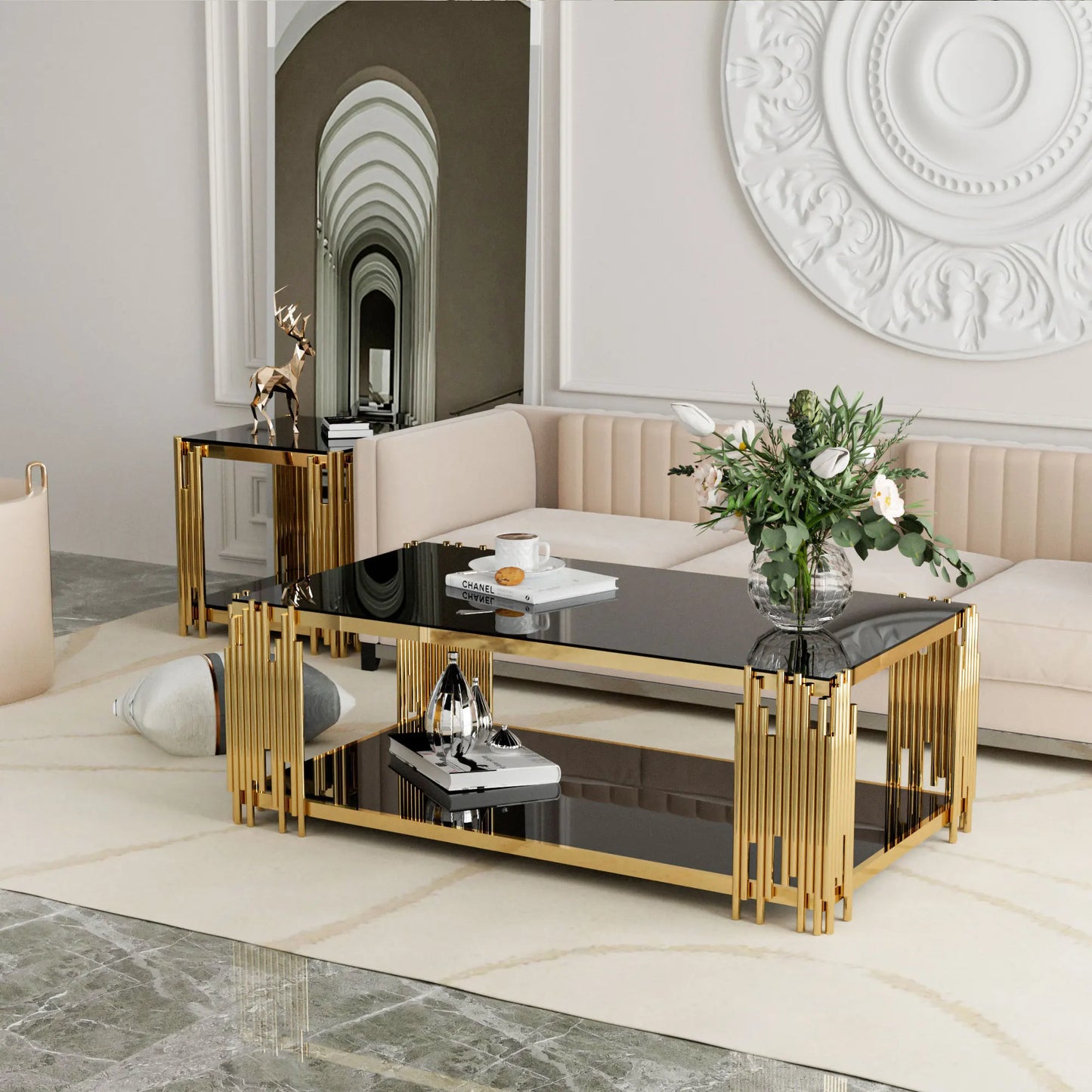 Stainless Steel Rectangle Glass Coffee Table Living Room Gold Leg