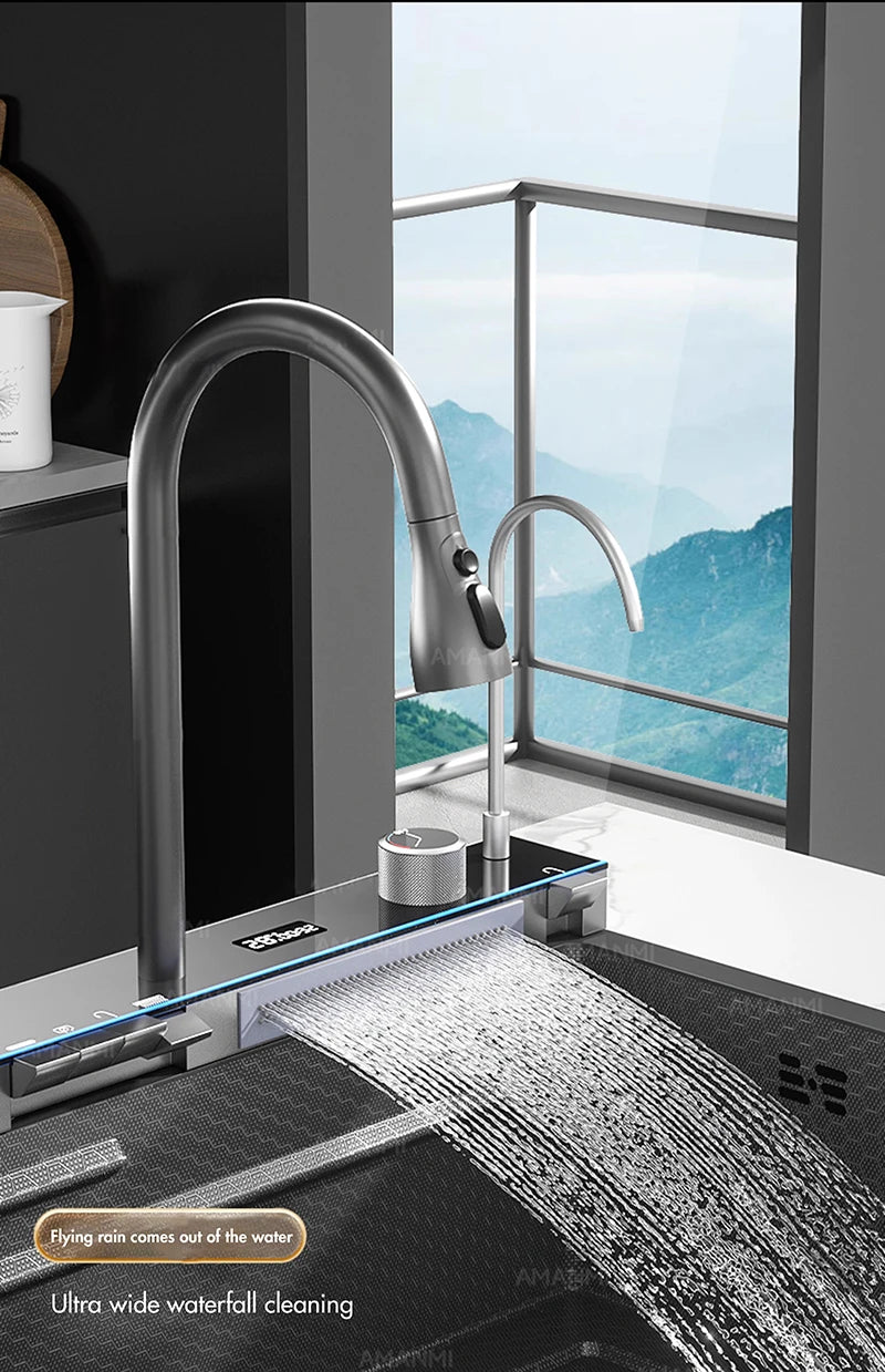 MYQualife 304 Stainless Steel Waterfall Kitchen Sink Digital Display Faucet