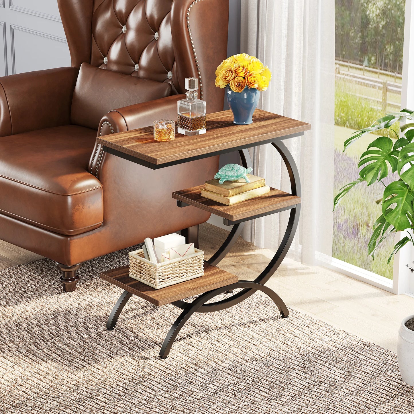 Tribesigns Industrial 3 Tier C Shaped End Table with Storage