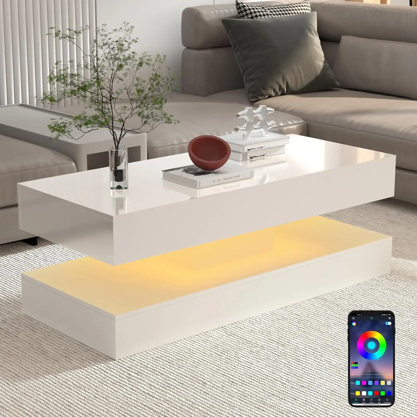 QiaoShiRen Modern LED Coffee Table With Double Drawers