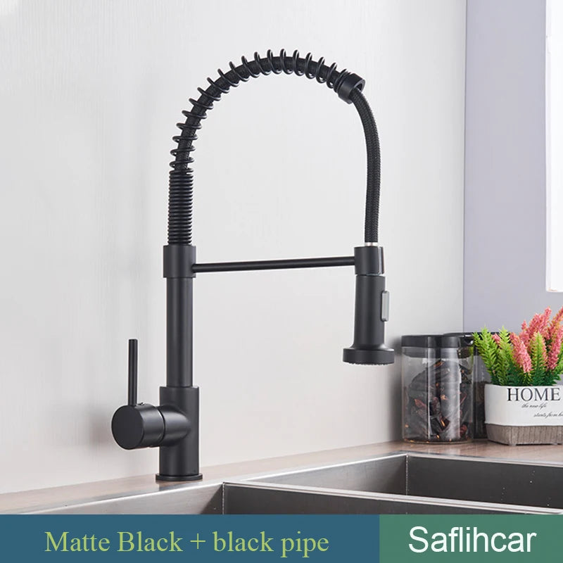SAFLIHCAR Brushed Finish Pull Down Deck Mounted Kitchen Faucet Hot Cold