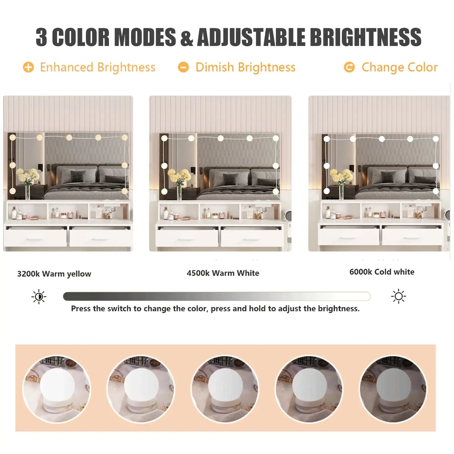 Vabches Vanity Desk With Lights Mirror And Power Outlet 2Drawer