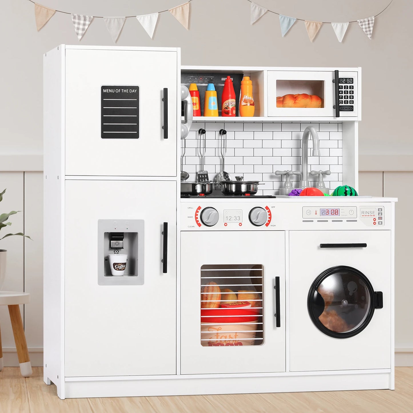 Wooden Kitchen Pretend Playset For Kids With Cookware