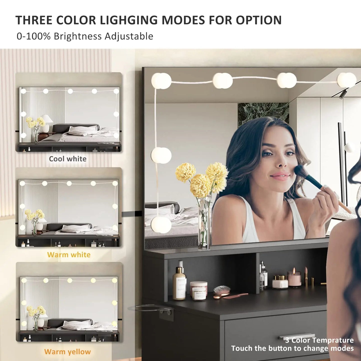 Vabches Vanity Desk With Lights Mirror And Power Outlet 2Drawer