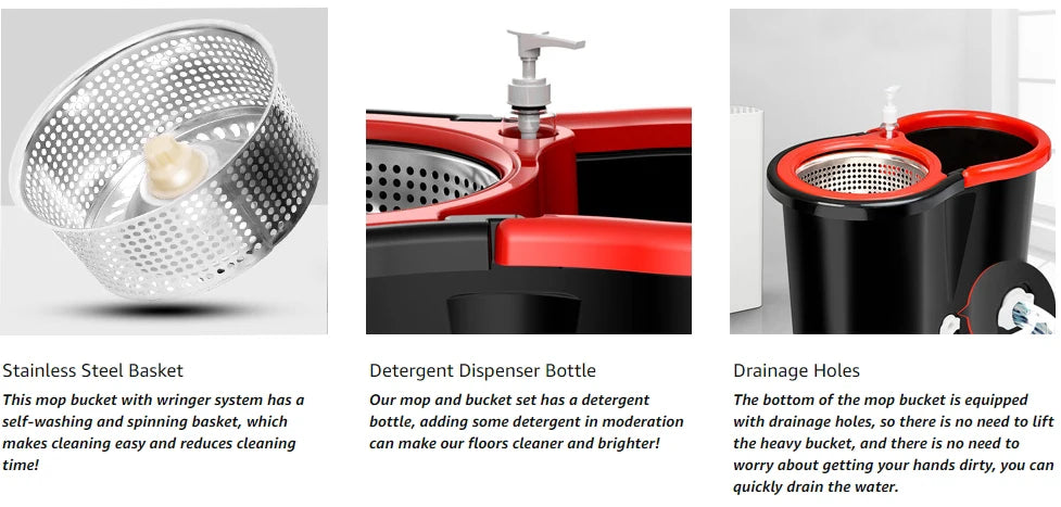 NONECN 360 Spin Mop Bucket Set With Wring Microfiber Heads