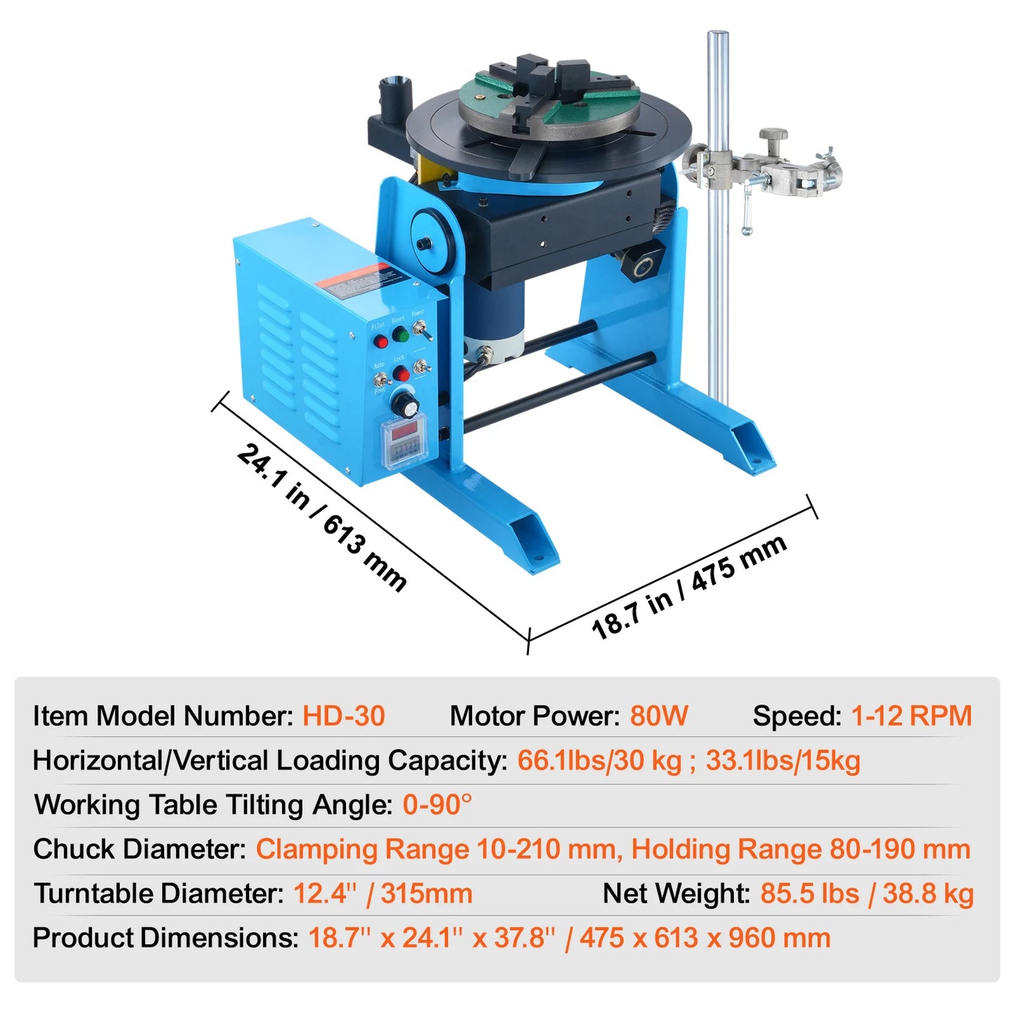 HD-30 Rotary Welding Positioner 30 kg 0-90 Degree Turntable