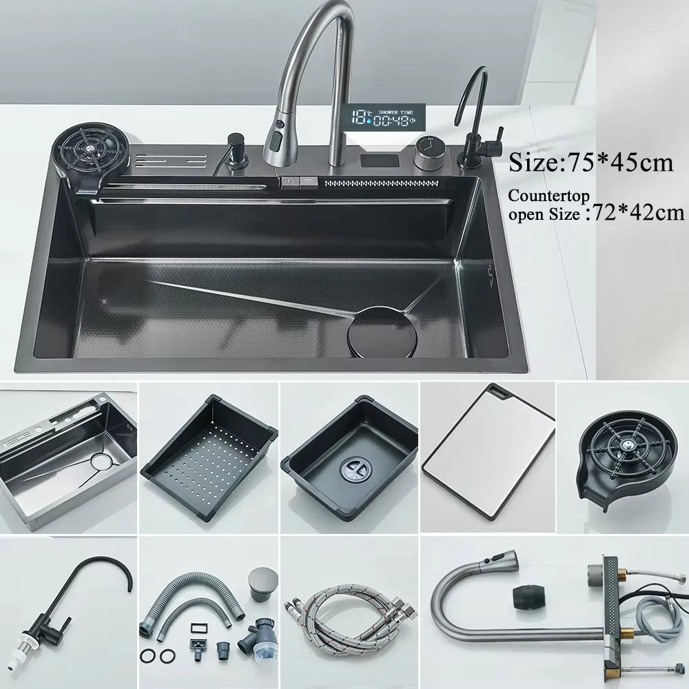 MYQualife 304 Stainless Steel Waterfall Kitchen Sink Digital Display Faucet
