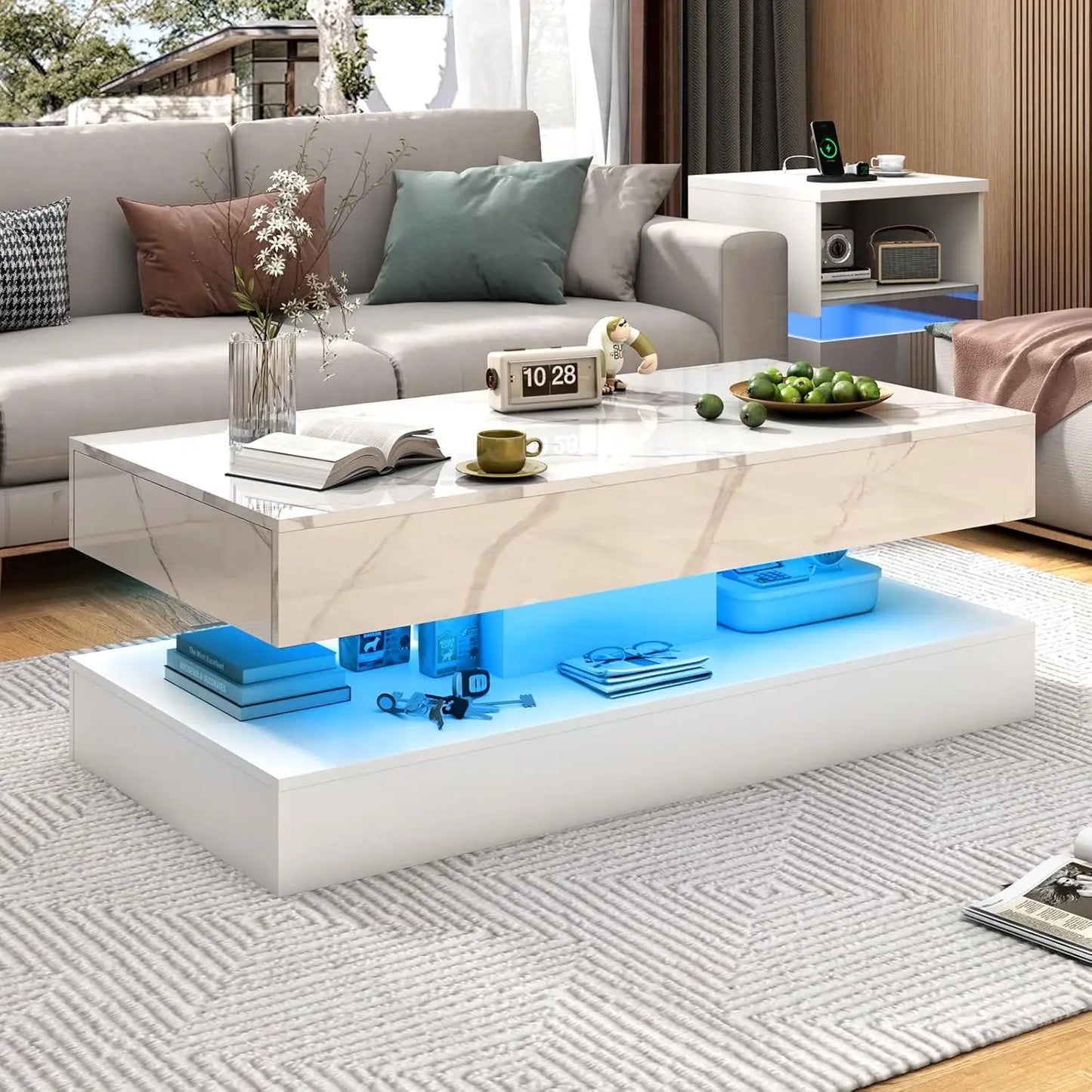 QiaoShiRen Modern LED Coffee Table With Double Drawers