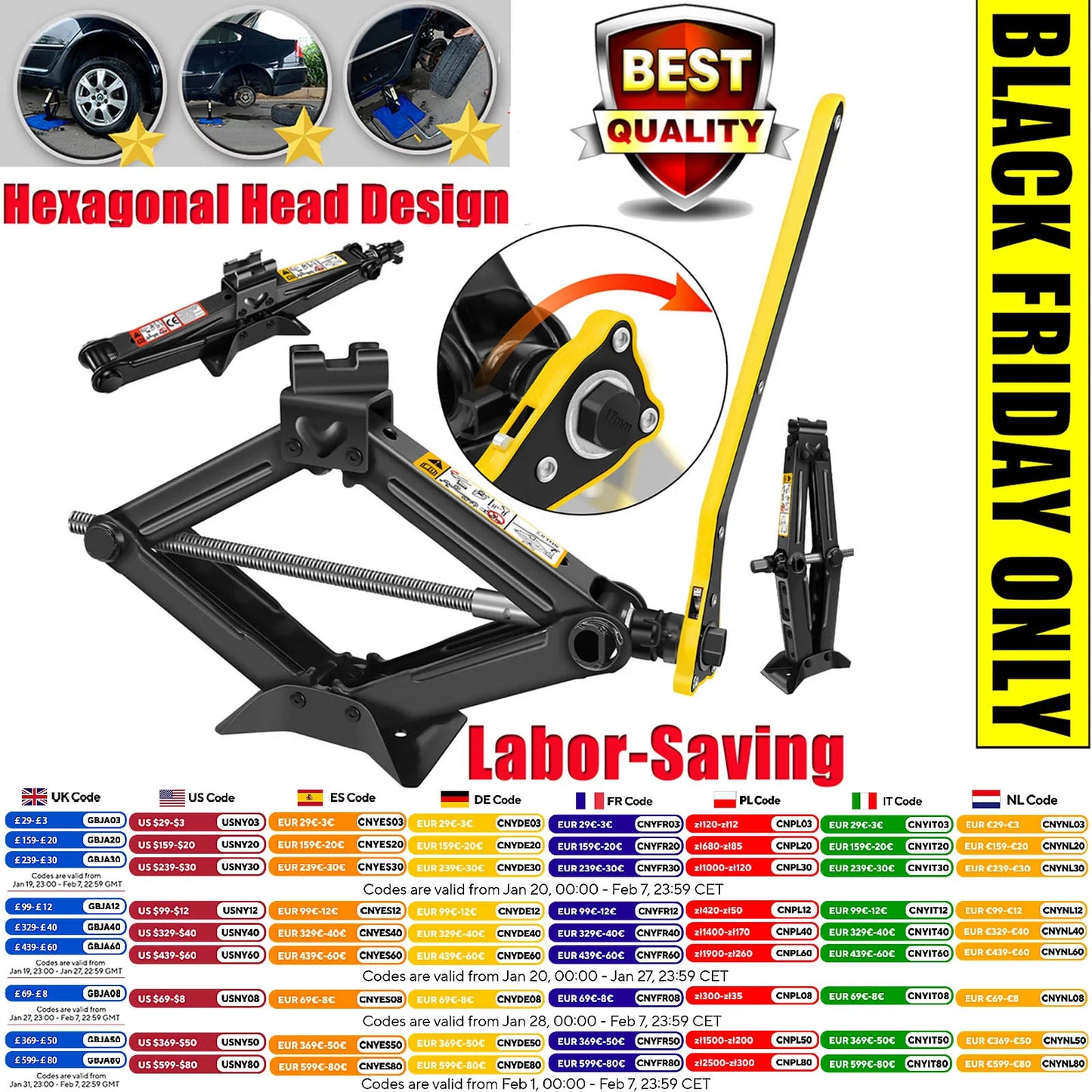 DayPlus 2 Ton Car Scissor Jack Emergency Crank Lift Stand