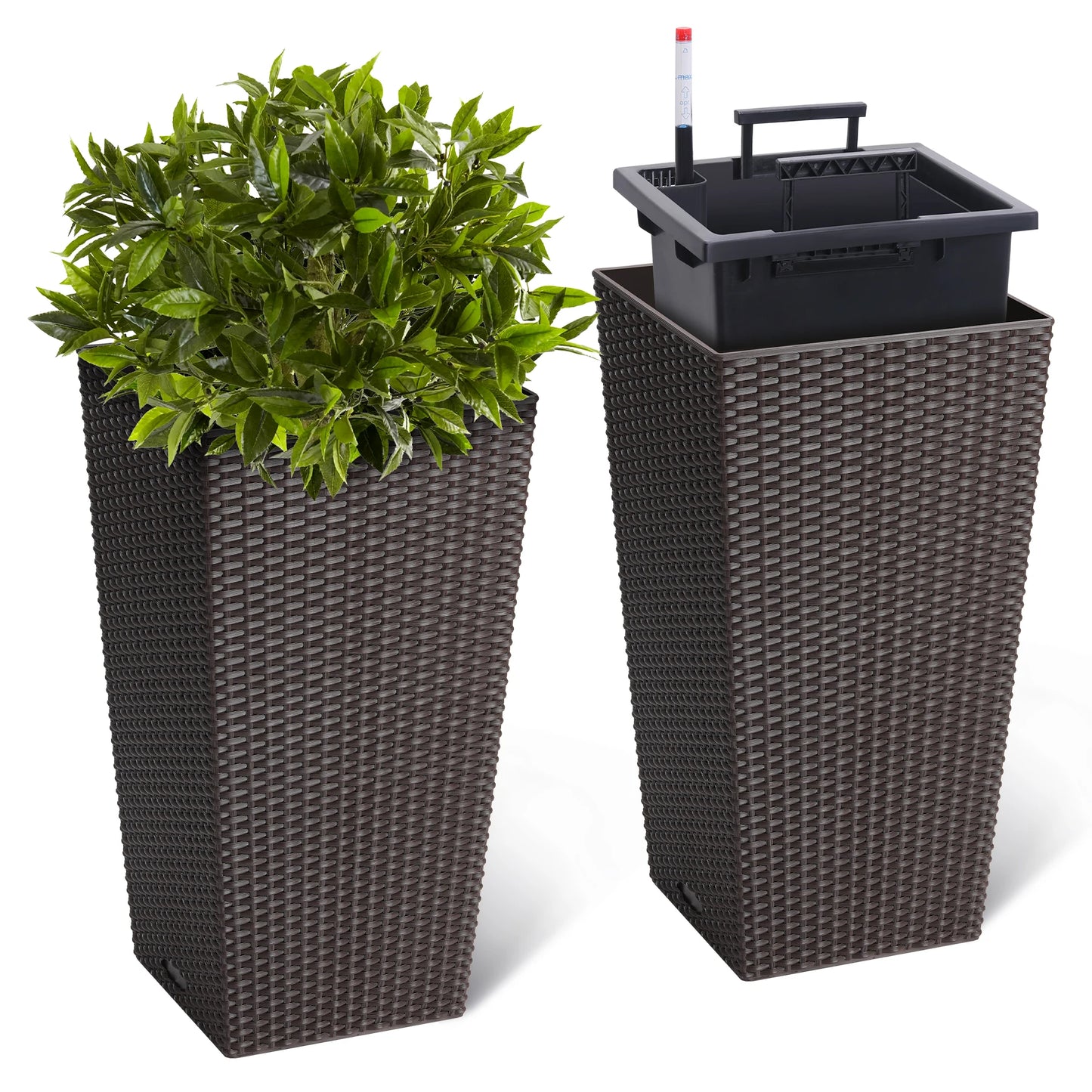 16inch/22.5inch Tall Rattan Planter Set of 2 Outdoor and Indoor Plant Pots with Water Level Monitor & Wheels, Large Flower Pot