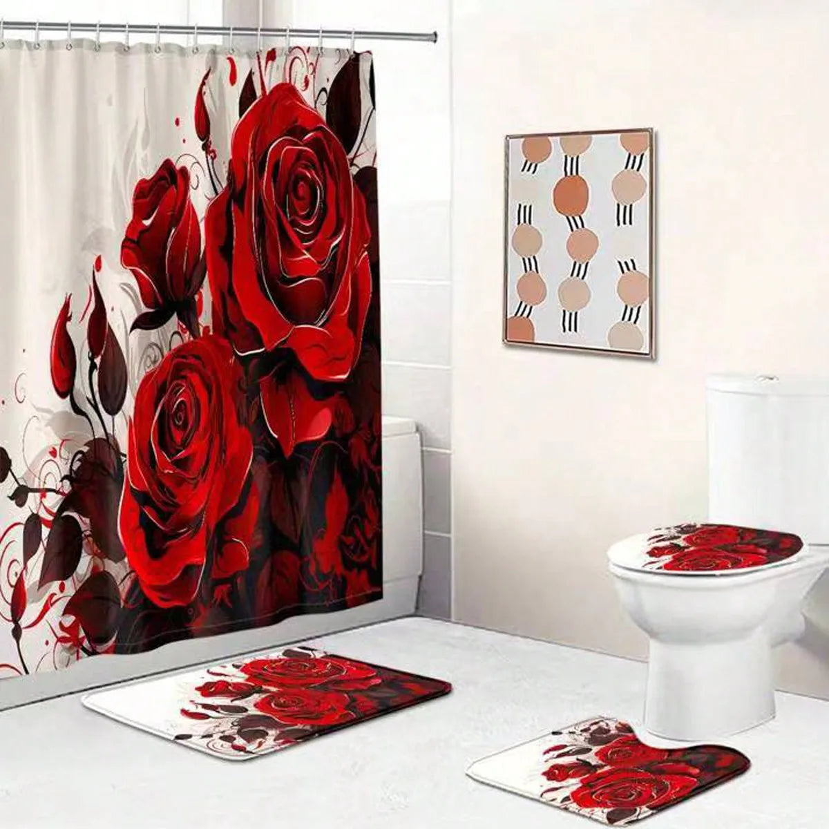 Rose Pattern Shower Curtain Set 3 Piece With Hooks Mat