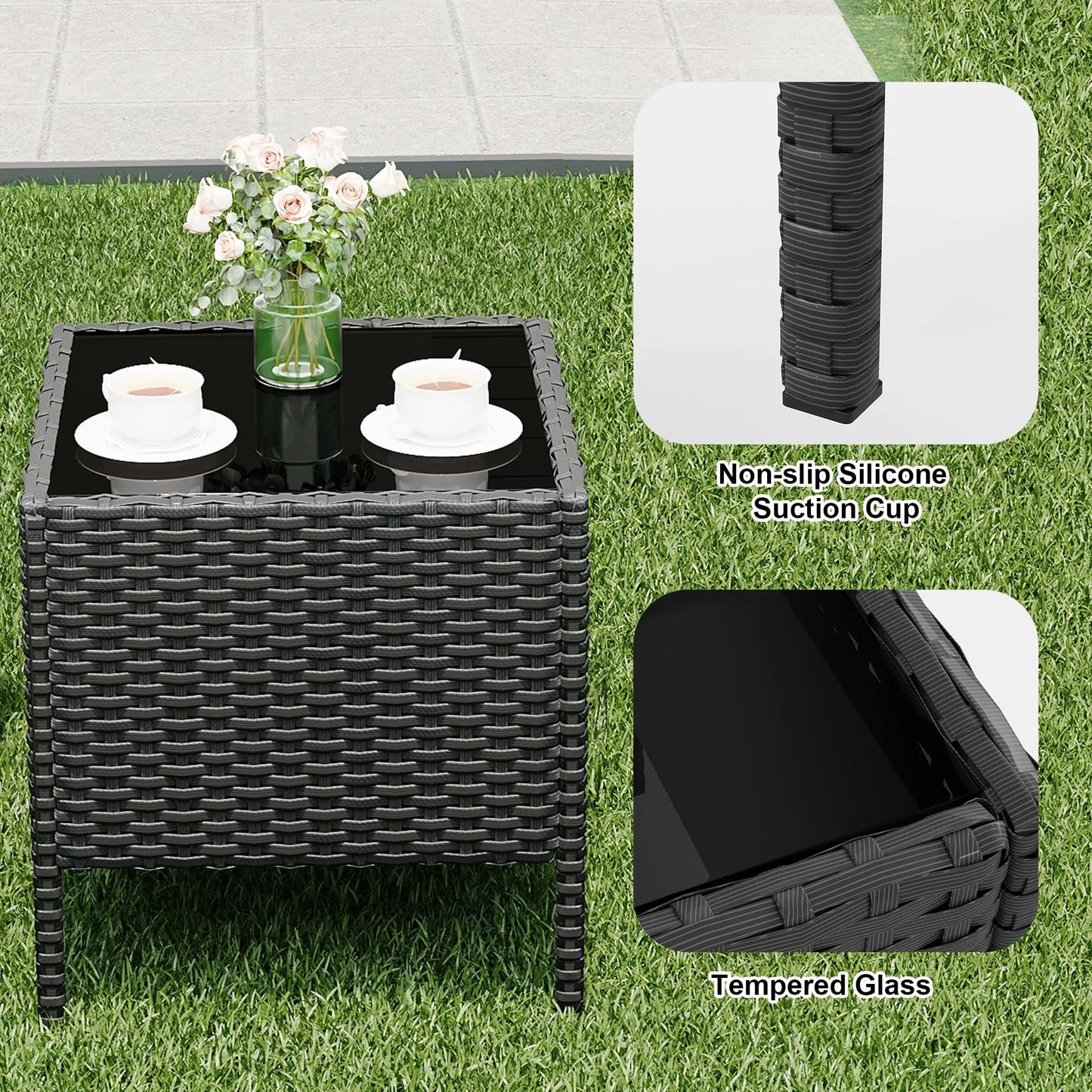 3-Piece Wicker Patio Sofa Set, All-Weather Rattan Conversation Set With Cushions & Glass Coffee Table For Garden, Porch, Lawn