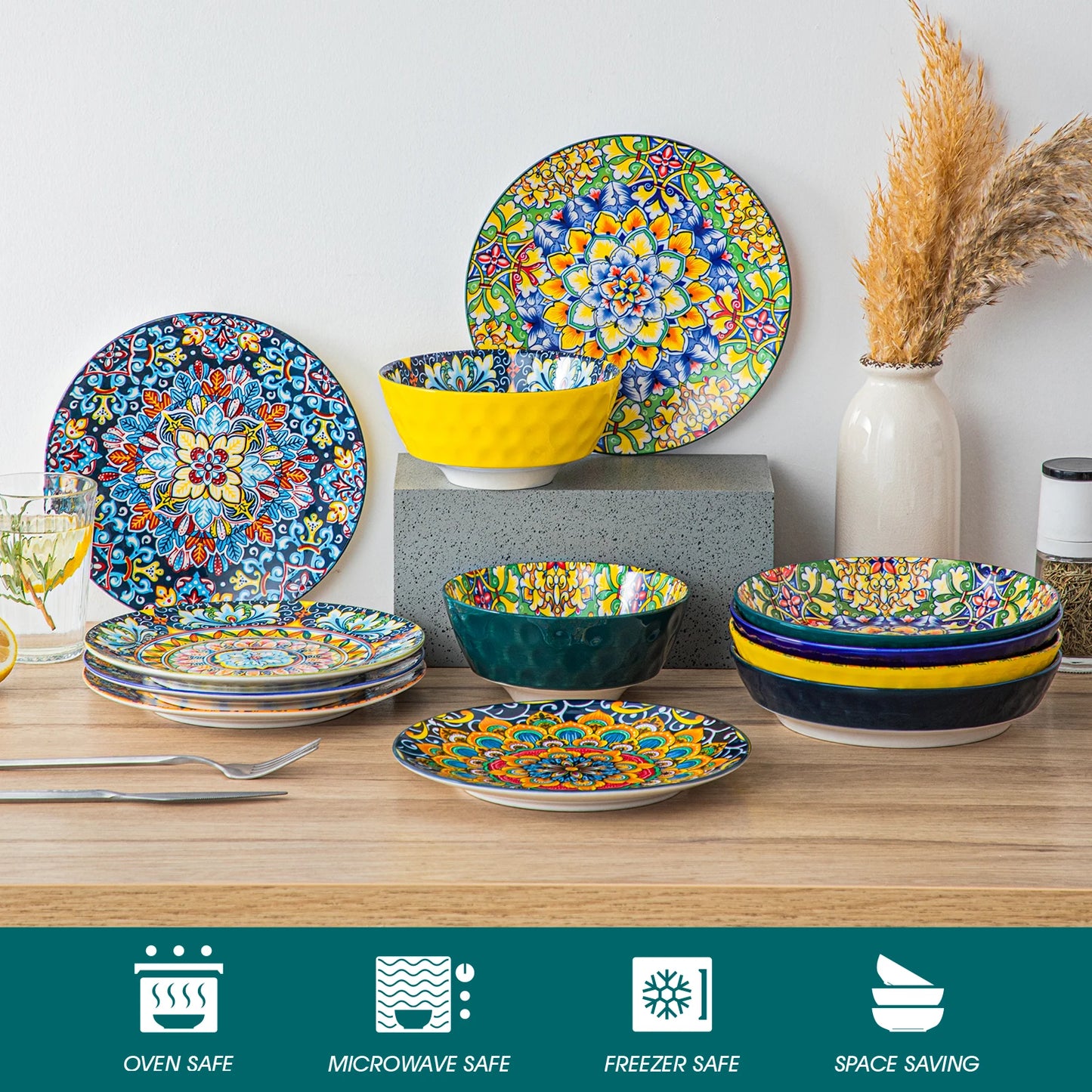 MALACASA Ceramic Dinnerware Set Bohemian Style Tableware for Six